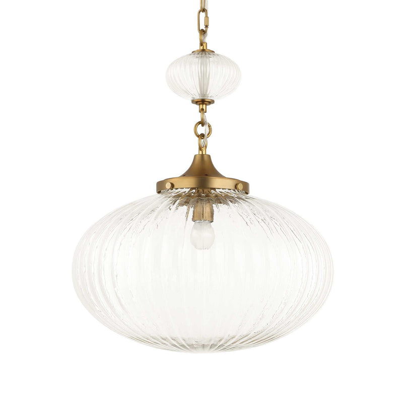 Uttermost Bellaire gold pendant light with a clear glass shade, modern pendant lighting for stylish interior decor.