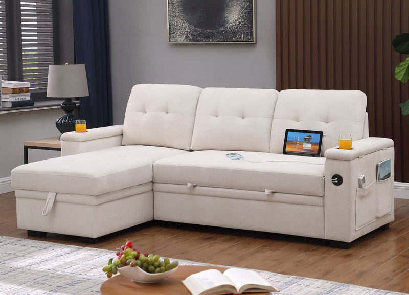 Ashlyn II - 84"W Woven Fabric Reversible Sleeper Sectional Sofa with Storage Chaise - R&R Furniture Gallery (Fountain Valley, CA)