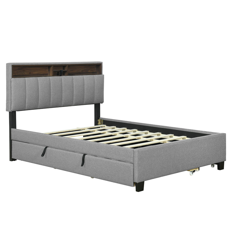 Upholstered Platform Bed With Storage Headboard, Trundle & 2 Drawers And A Set Of Sockets & USB Ports - R&R Furniture Gallery (Fountain Valley, CA)