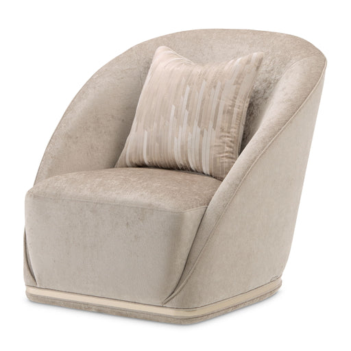 Michael Amini La Rachelle swivel chair with plush upholstery, wooden legs, and a stylish, modern design for comfortable seating.