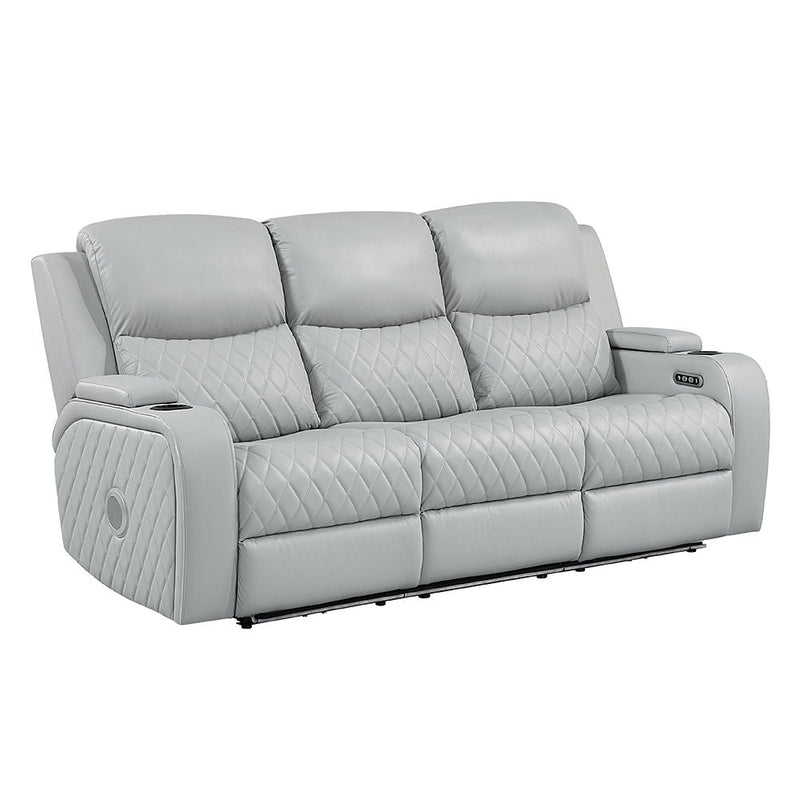 Elonzo - Power Motion Sofa With LED, Power Headrest & Speaker - Light Gray - R&R Furniture Gallery (Fountain Valley, CA)