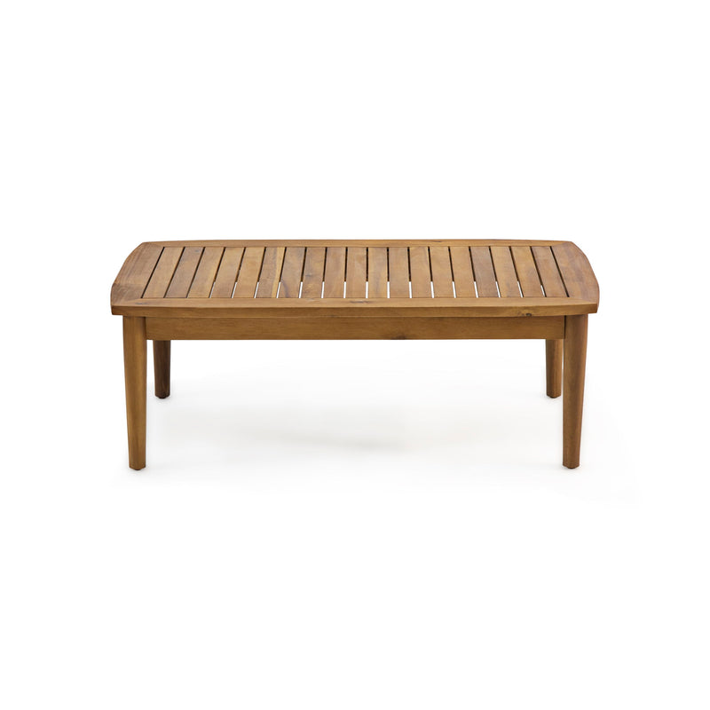 Outdoor acacia wood loveseat and coffee table set from Noble House, perfect for patio or garden seating.