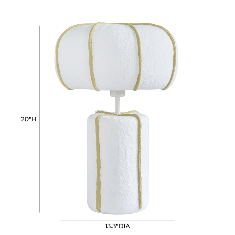 TOV Furniture Looma cotton mache table lamp with white and green woven shade on a wooden base, modern decorative lighting.