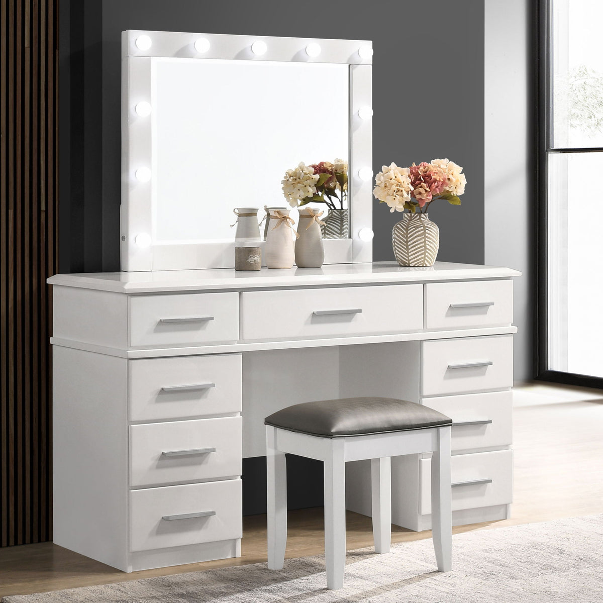 Sarah - 9 Drawer Vanity Desk With Mirror Set - White