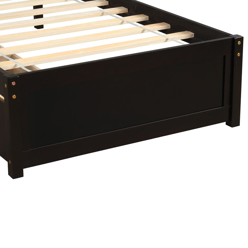DreamHaus platform storage bed frame with two drawers and headboard, showcasing the wooden design and built-in storage features.