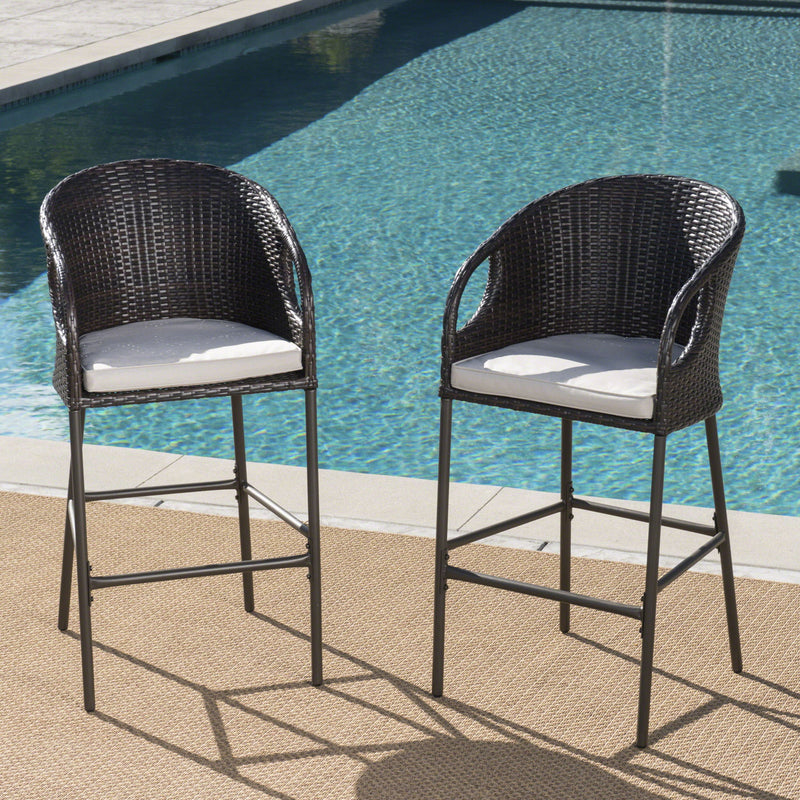 Outdoor 31" Rattan Barstools With Waterproof Cushions (Set of 2) - Multi Brown - R&R Furniture Gallery (Fountain Valley, CA)