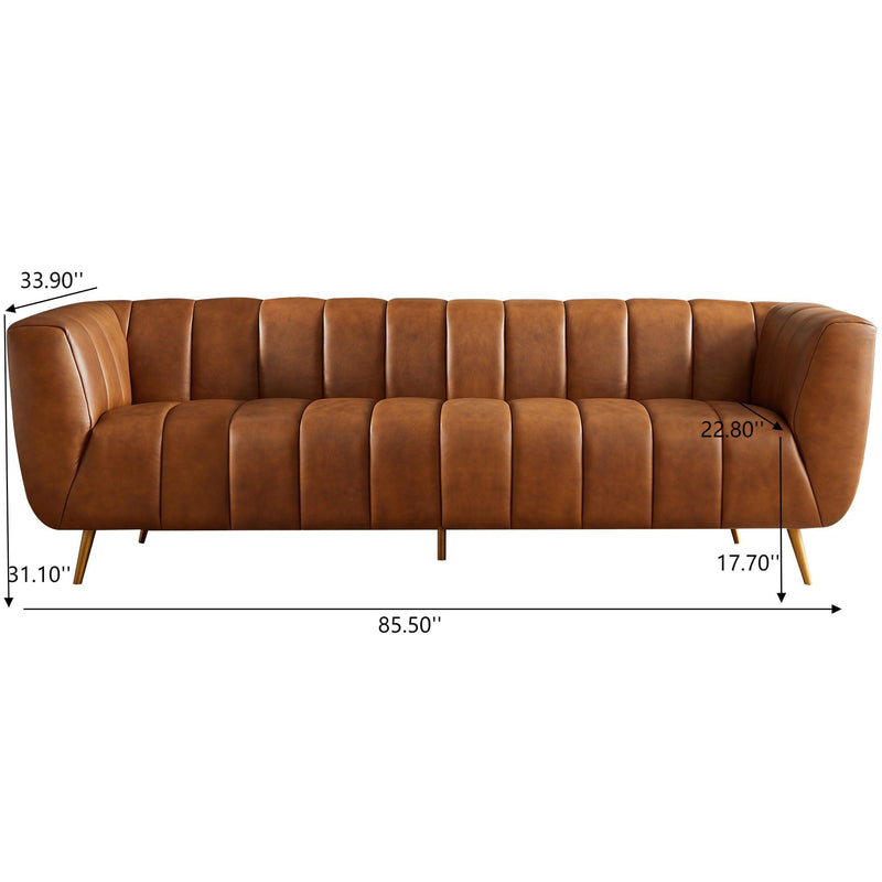 Ashcroft Furniture Ava stationary sofa with gold and tan upholstery, featuring a stylish modern design and plush cushions.