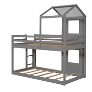 DreamHaus wooden bunk bed with roof, window, guardrail, and ladder, showcasing a sturdy multi-level sleeping structure.