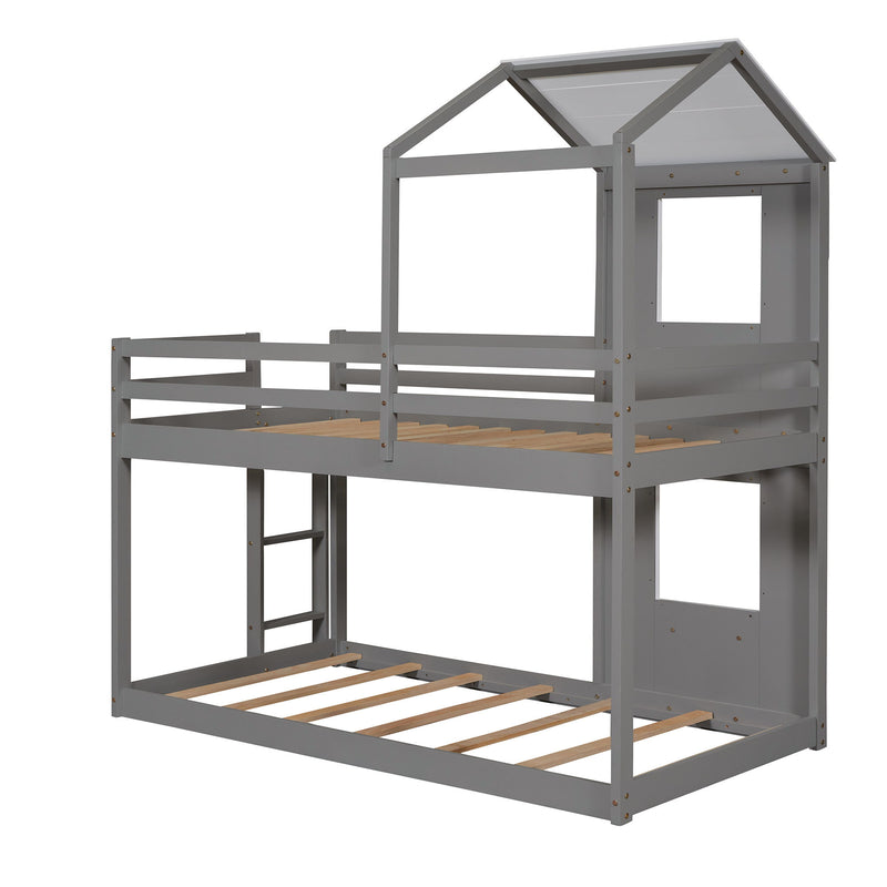 DreamHaus wooden bunk bed with roof, window, guardrail, and ladder, showcasing a sturdy multi-level sleeping structure.
