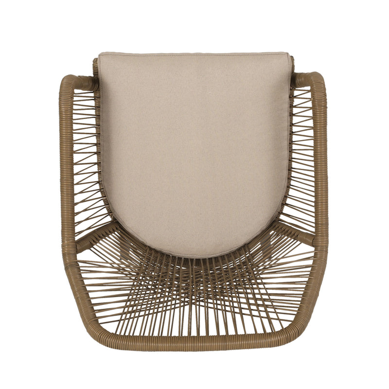 Noble House modern wicker dining club arm chair with water-resistant beige cushions, brown woven frame, stylish indoor or outdoor seating