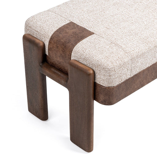 Upholstered Kava Accent Bench by Classic Home in Cocoa Latte fabric, with a cushioned seat and wooden legs, ideal for entryways or living rooms.