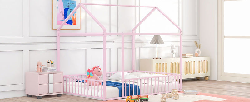 Halcyon Home metal house bed frame with canopy and fence, featuring a sturdy metal structure and cozy enclosed design.