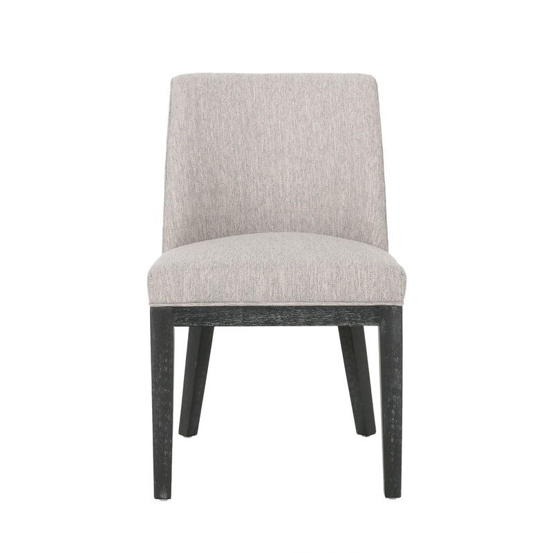 Set of two Noble House modern dining chairs with durable fabric upholstery and sturdy wooden frames, featuring sleek, contemporary design.