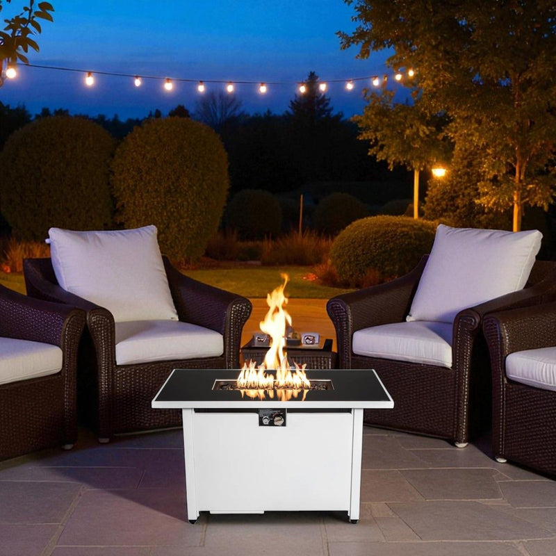 Outdoor white rectangular fire pit table with adjustable flame control by LSI Patio Furniture, perfect for outdoor gatherings
