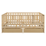 DreamHaus storage daybed with fence guardrails, two drawers, and split into a floor bed and daybed for versatile sleeping options.