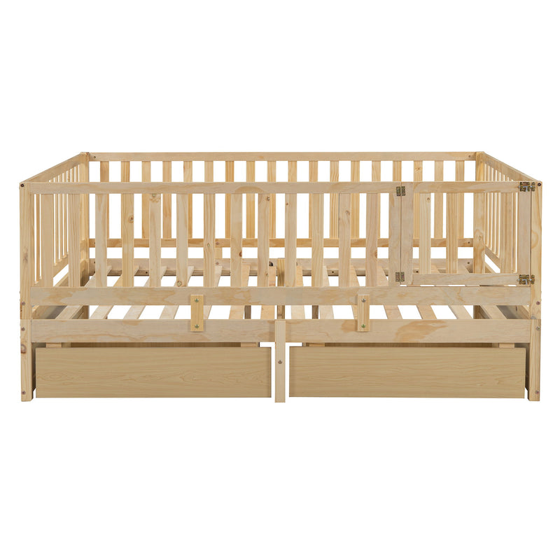 DreamHaus storage daybed with fence guardrails, two drawers, and split into a floor bed and daybed for versatile sleeping options.