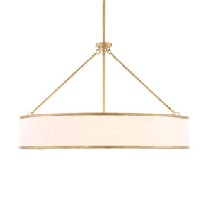 Uttermost Algiers 8-light drum pendant light with gold and white finish, hanging from a ceiling with visible chain and modern design.