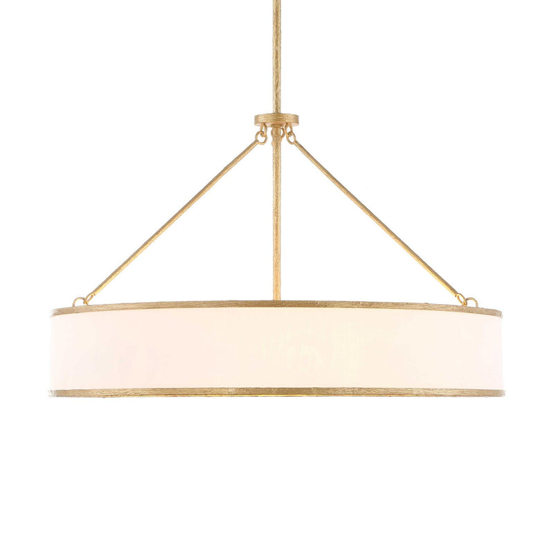 Uttermost Algiers 8-light drum pendant light with gold and white finish, hanging from a ceiling with visible chain and modern design.