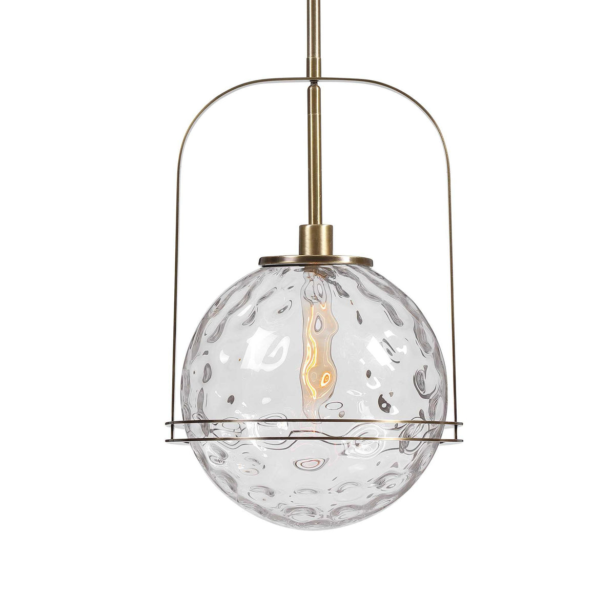 Uttermost Mimas 1 Light Globe Pendant in gold, modern pendant lighting with a spherical glass shade hanging from a sleek fixture.