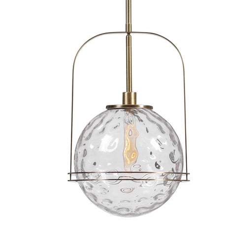 Uttermost Mimas 1 Light Globe Pendant in gold, modern pendant lighting with a spherical glass shade hanging from a sleek fixture.