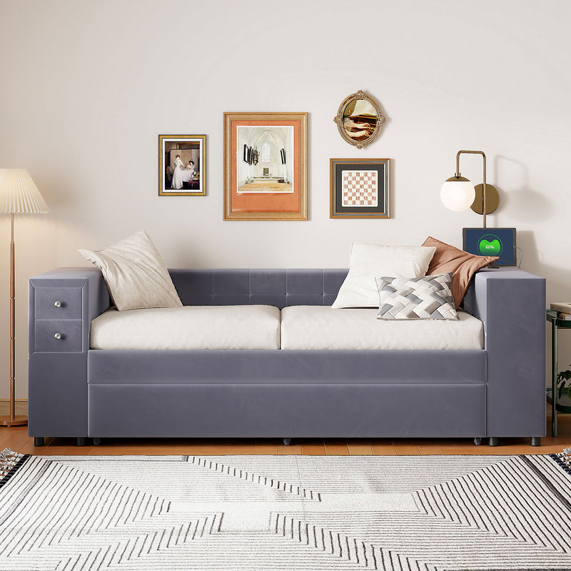 Upholstered Bed With Storage And Twin Trundle, USB Charging Ports - R&R Furniture Gallery (Fountain Valley, CA)