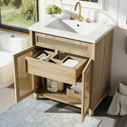 Bathroom Vanity With Handwoven Rattan Doors, Resin Basin - Natural Wood - R&R Furniture Gallery (Fountain Valley, CA)