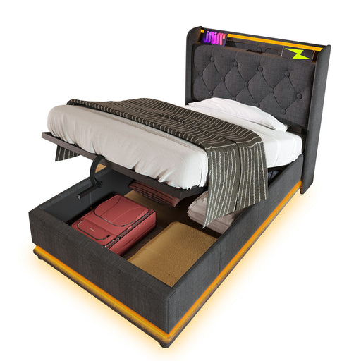 Upholstered Bed, 360 Surround LED Function, Remote Control, Hydraulic Storage Bed With USB, Type-C Charging (Without Mattress) - R&R Furniture Gallery (Fountain Valley, CA)
