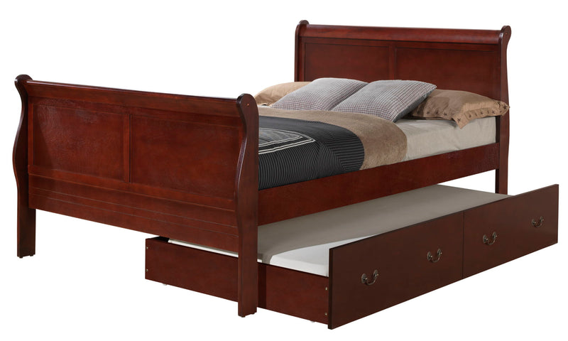 Elegant Glory Furniture trundle bed with classic design and wooden frame, featuring a pull-out bed and timeless charm.