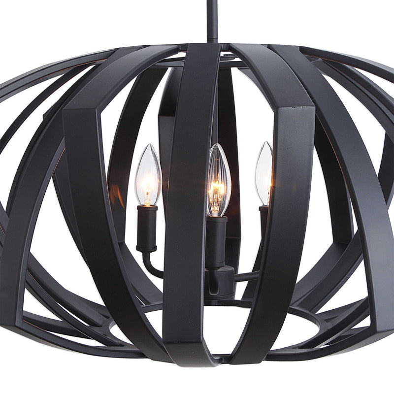 Black Thales geometric 3-light pendant lighting by Uttermost, featuring modern angular design with three pendant fixtures.