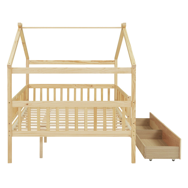 DreamHaus house bed with two built-in storage drawers, child-friendly wooden bed frame with a playful house design and ample storage space.