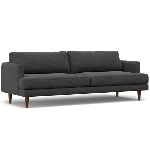 Livingston upholstered stationary sofa by Simpli-Home with plush fabric, wide armrests, and cushioned back for comfortable seating.