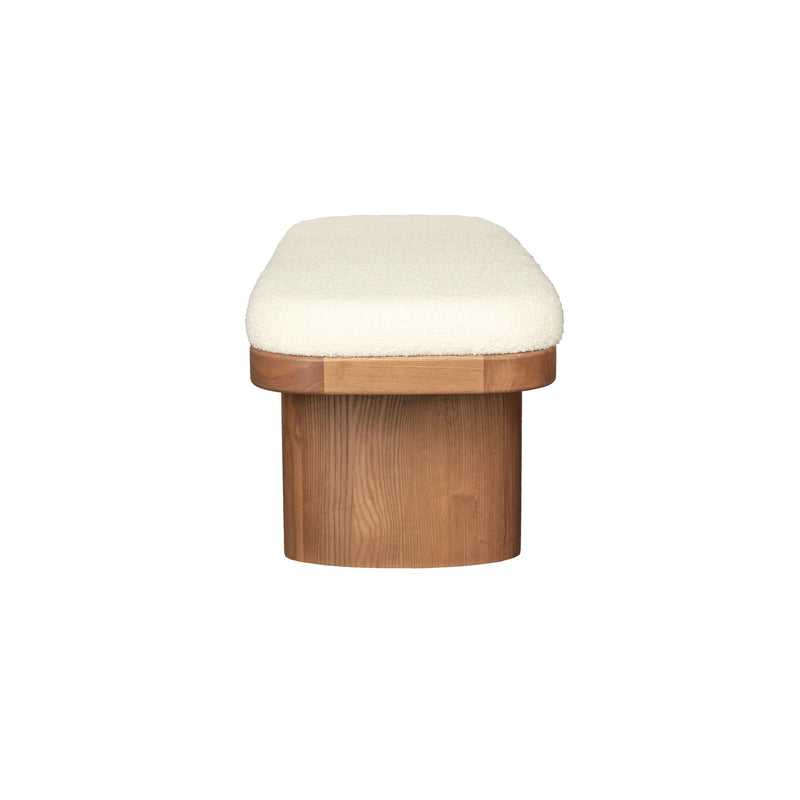 White Ollie Boucle Wooden Bench by TOV Furniture, upholstered with plush boucle fabric and wooden legs for modern decor.