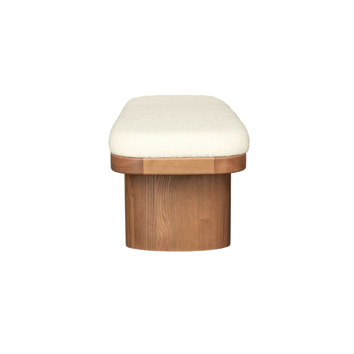 White Ollie Boucle Wooden Bench by TOV Furniture, upholstered with plush boucle fabric and wooden legs for modern decor.