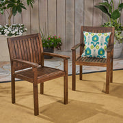 Pair of Wilson rustic dining chairs by Noble House in dark brown acacia wood with slat panel design.