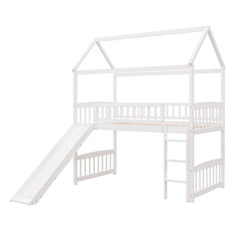 DreamHaus loft bed with built-in slide, featuring a sturdy wooden frame, ladder, and playful slide for kids' bedroom fun.