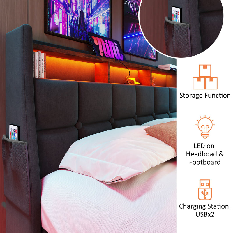 Artistry At Home upholstered platform bed with hydraulic storage, LED lighting, and USB charging ports, without mattress.