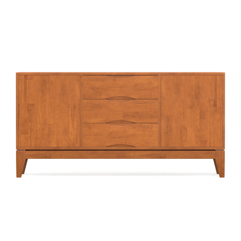 Simpli-Home Harper sideboard buffet with wooden finish, featuring multiple drawers and cabinet doors for versatile storage.