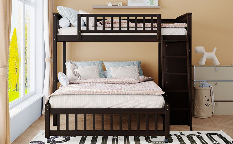 DreamHaus bunk bed with six drawers, flexible shelves, and a bottom bed on wheels, shown in a modern bedroom setting.
