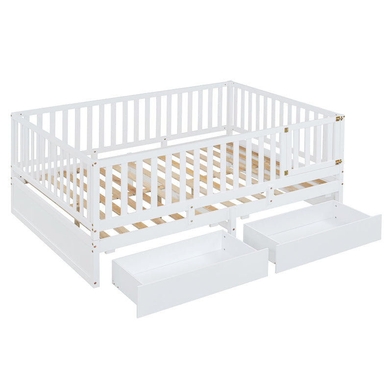 DreamHaus storage daybed with fence guardrails, two drawers, and split bed design, showing the versatile furniture for bedroom use.