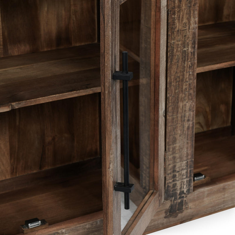Natural wood Jett 4-door buffet cabinet by Classic Home, showcasing a sleek, modern design with four spacious doors.