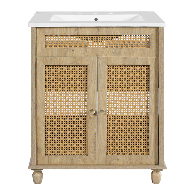 Bathroom Vanity With Handwoven Rattan Doors, Resin Basin - Natural Wood - R&R Furniture Gallery (Fountain Valley, CA)