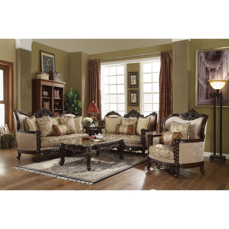 Devayne - Sofa With 6 Pillows (Same Lv01582) - Pattern Fabric & Dark Walnut - R&R Furniture Gallery (Fountain Valley, CA)