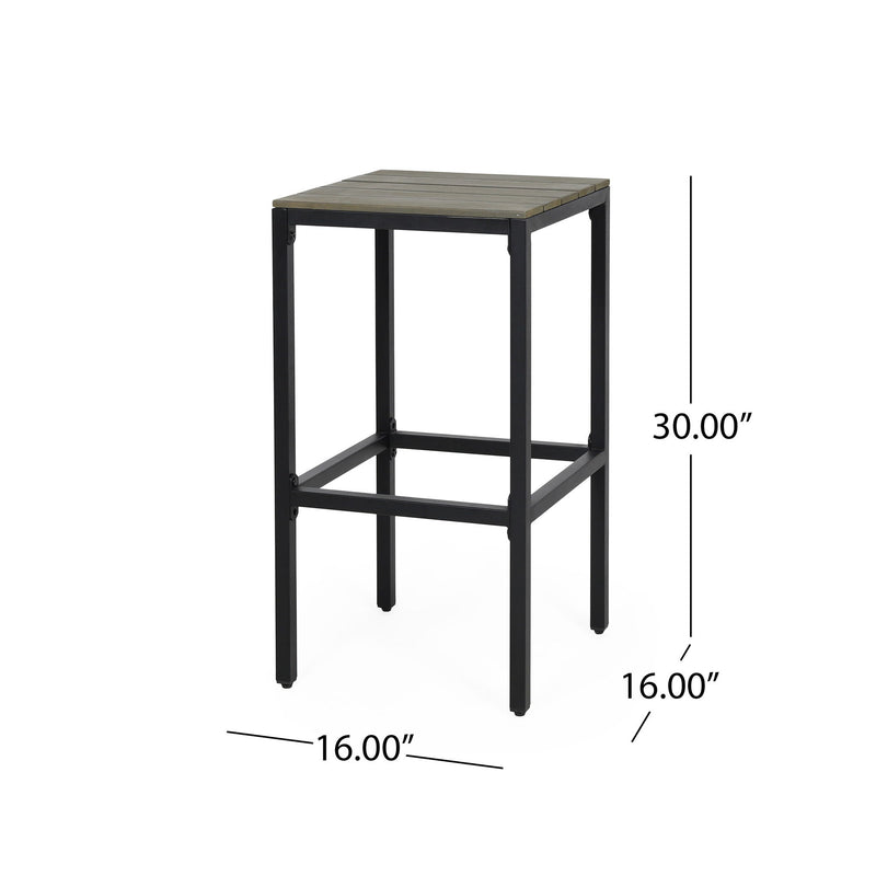 Set of two Noble House outdoor bar stools with slat wooden seats and metal frames, ideal for patio or garden seating.