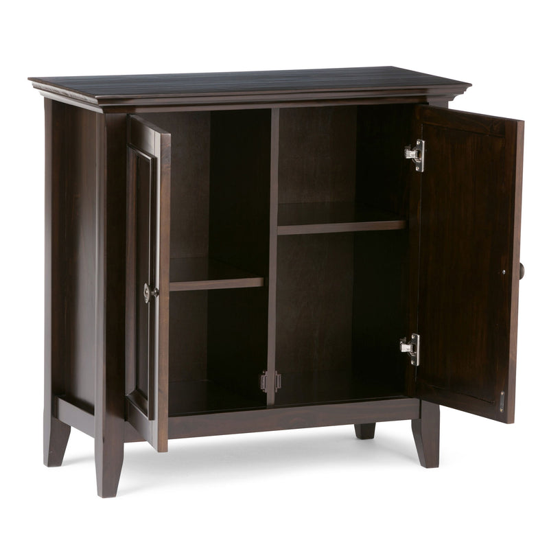 Simpli-Home Amherst handcrafted low storage accent cabinet with wood finish and multiple storage compartments.