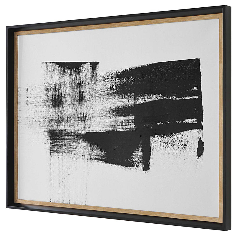 Uttermost Mystere framed black canvas art print, contemporary wall decor with abstract design and sleek black frame.