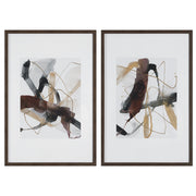Set of two Burgundy and dark brown abstract canvas art prints by Uttermost, featuring modern geometric designs on textured surfaces.