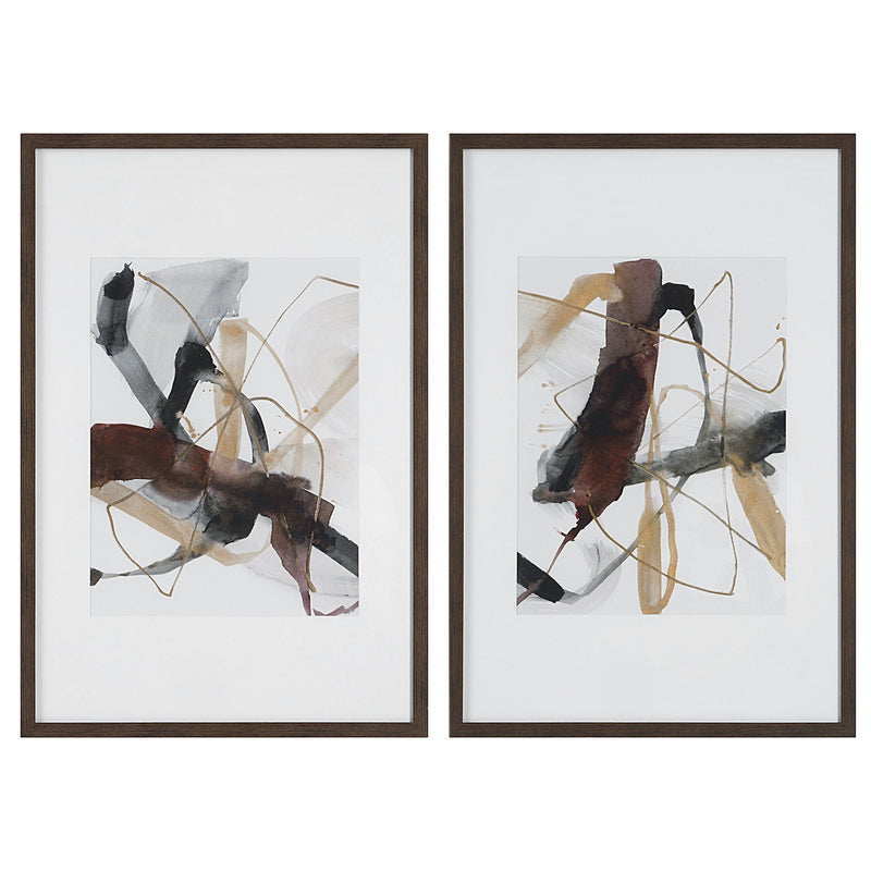 Set of two Burgundy and dark brown abstract canvas art prints by Uttermost, featuring modern geometric designs on textured surfaces.
