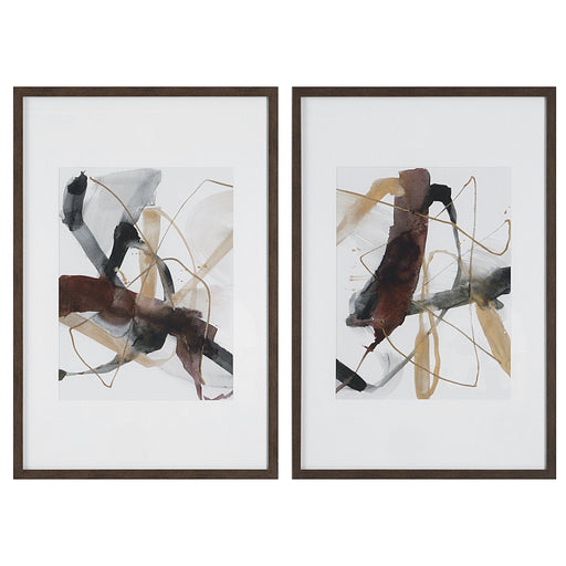 Set of two Burgundy and dark brown abstract canvas art prints by Uttermost, featuring modern geometric designs on textured surfaces.
