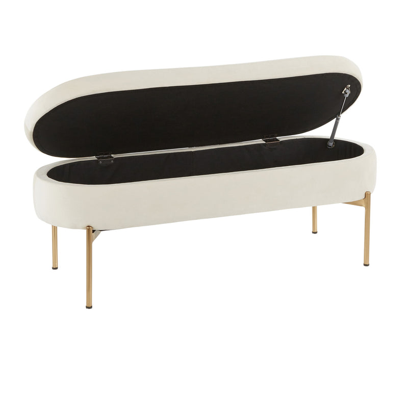 Lumi Source Chloe contemporary glam storage bench with upholstered top and wooden legs, stylish and functional for living space.
