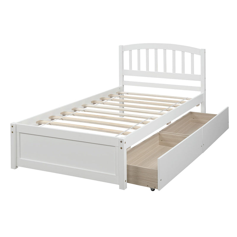 DreamHaus platform storage bed with wood frame, two drawers, and headboard, showcasing a modern and functional bedroom design.
